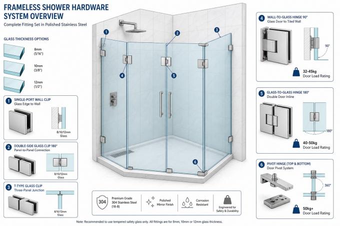 Complete shower hardware fitting system — glass clips, wall-to-glass and glass-to-glass hinges with load ratings